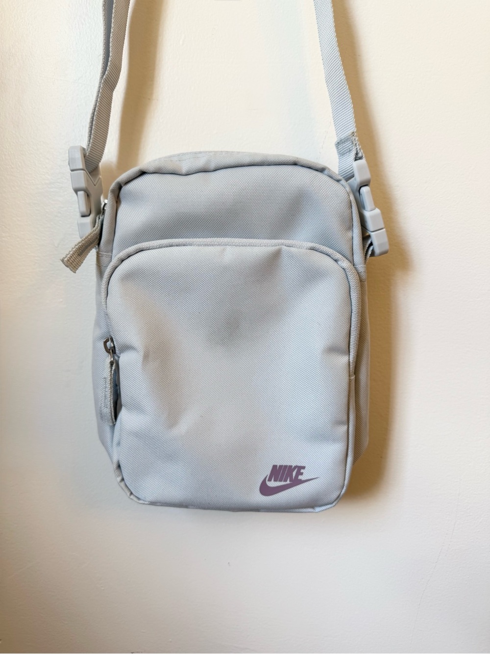 Nike Small Light Blue Crossbody Bag with Purple Logo